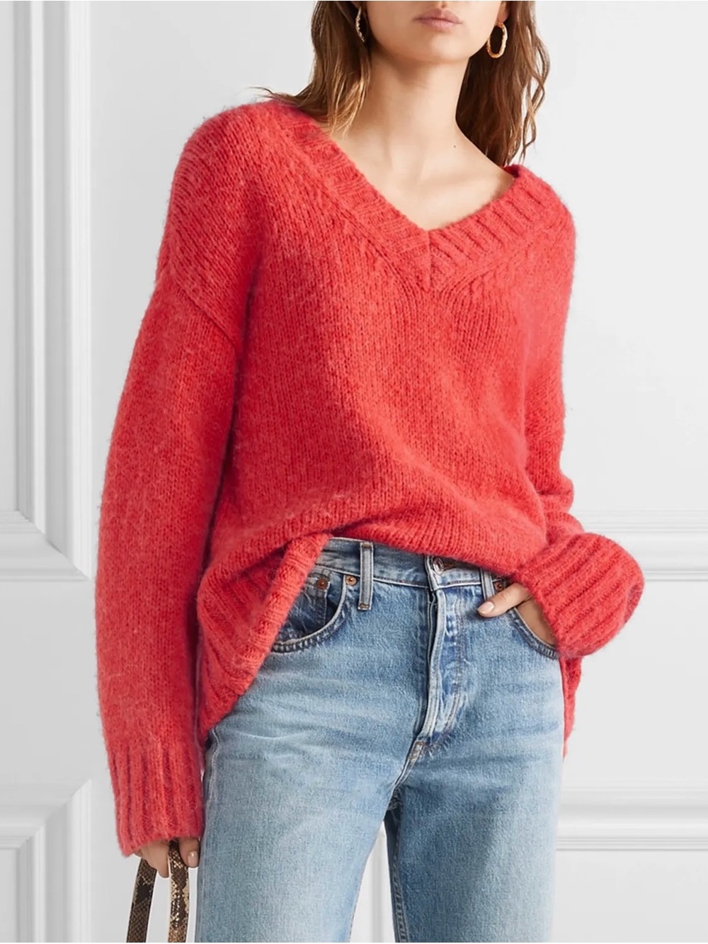 REDONE Sweater 90s Oversized V Neck Chunky Cozy Wool Alpaca Red Coral Medium
